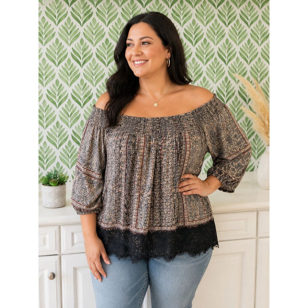 Anthropologie Vanessa Virginia Augusta Boho Off the Shoulder Lace Trim Top Flowy